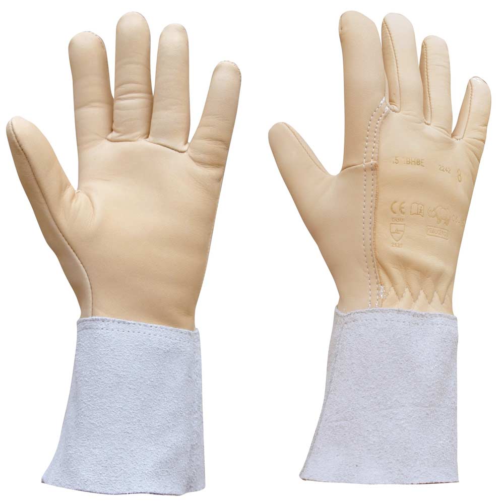 Gant de protection professionnel en cuir beige avec manchette longue, idéal contre épines et risques mécaniques en espaces verts.