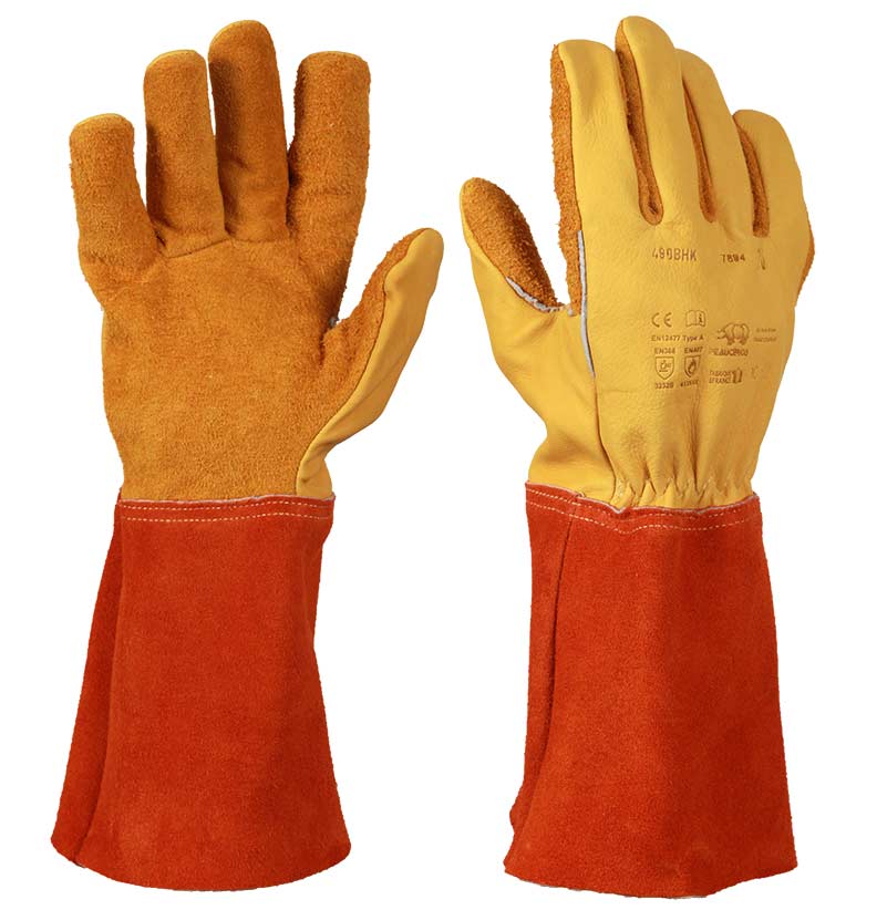 Gant de soudure en cuir avec doublure Kevlar/coton, souple et isolant pour manipulation d’objets chauds.