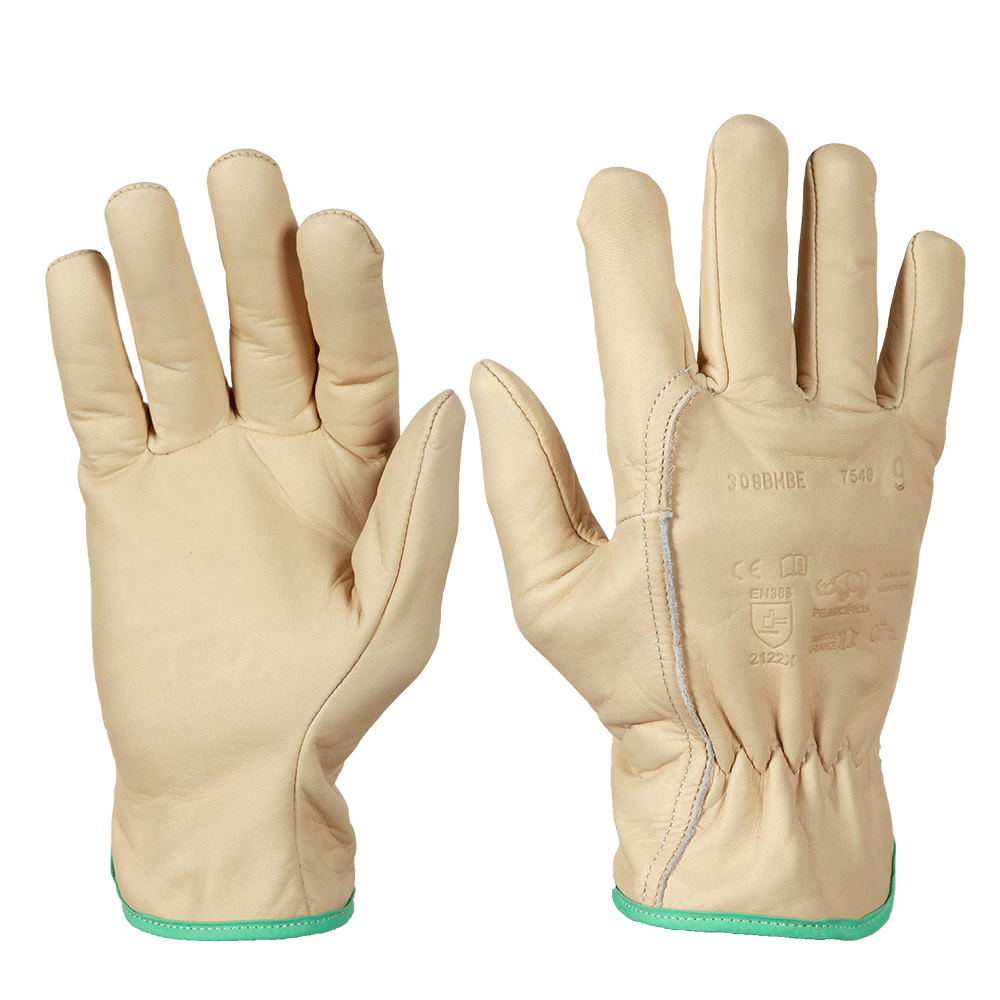 Gants de protection professionnels en cuir pleine fleur beige – souples, résistants et confortables – idéals pour le jardinage, la taille et l’entretien des espaces verts – fabrication française, modèle 309BHBE