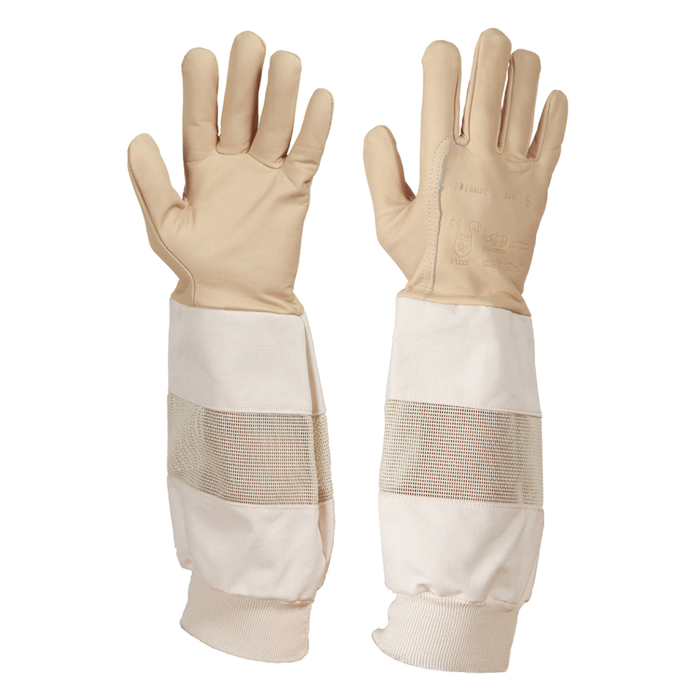Gants d’apiculture en cuir souple avec manchette longue aérée et renforts, protection optimale contre les piqûres.