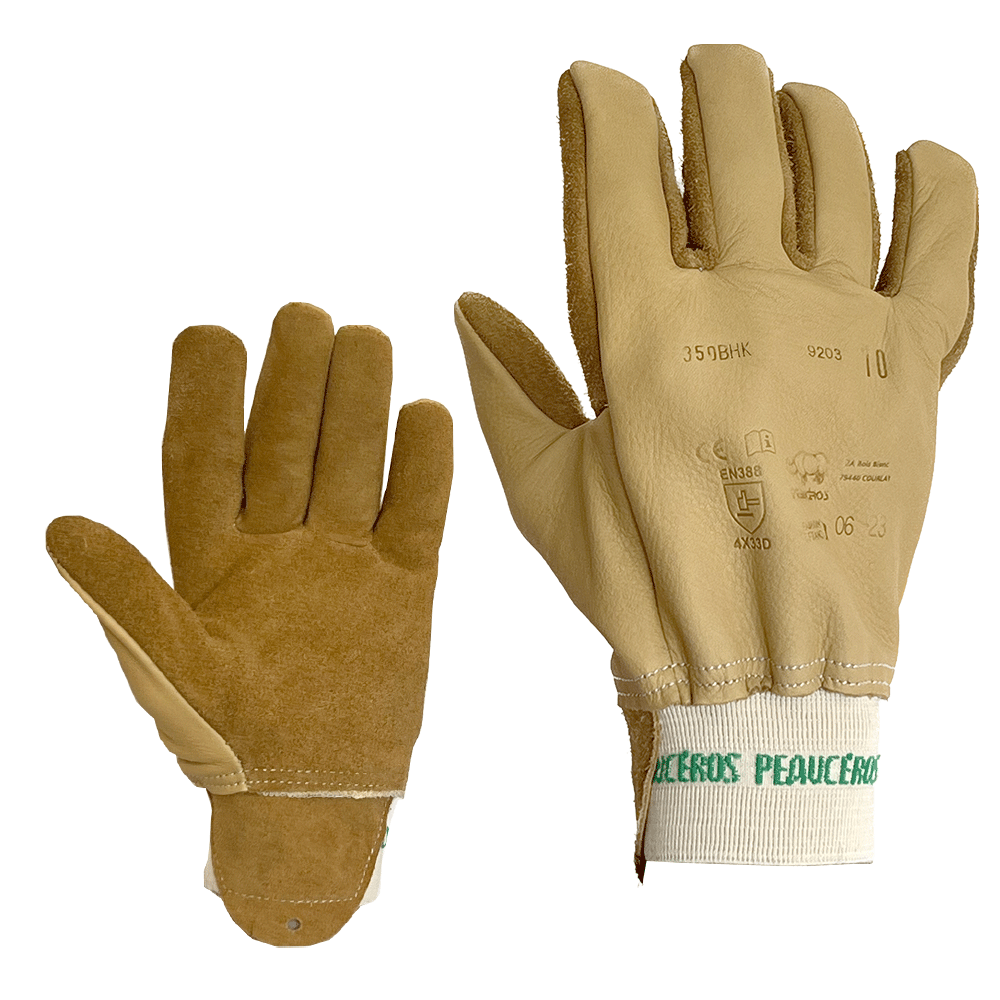 Gants anti-coupure niveau D en cuir pleine fleur noisette, doublés coton/Kevlar/fibre de verre. Très résistants et confortables. Pour manutention précise.