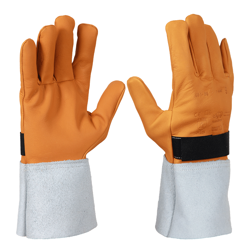 Surgants électricien en cuir pleine fleur cognac compatibles gants isolants classe 00 et 0. Souples, résistants et sécurisants, avec maintien velcro. Fabrication française.
